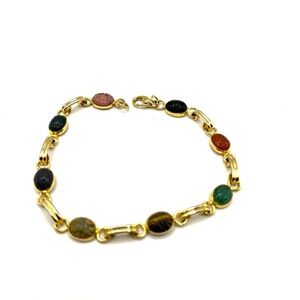 Scarab Multi-Stone Gold Tone Cabochon Gemstones Bracelet